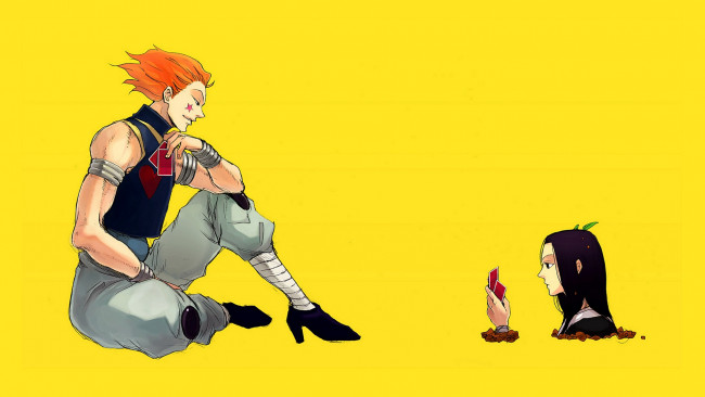 Обои картинки фото аниме, hunter x hunter, иллуми, фон, хисока, жёлтый