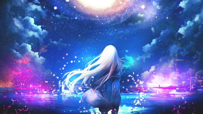 Обои картинки фото аниме, unknown,  другое, лепестки, небо, звезды, волосы, спина, девушка, арт