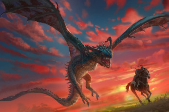 Картинка фэнтези драконы красный чудовище небо летит крылья монстр меч пыхтит сражение зубы битва пасть пламя дракон