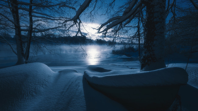 Обои картинки фото природа, реки, озера, финляндия, январская, ночь
