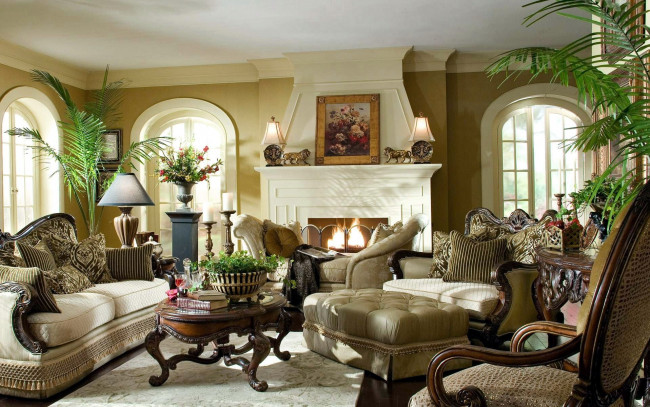 Обои картинки фото интерьер, гостиная, диван, кресла, картина, камин