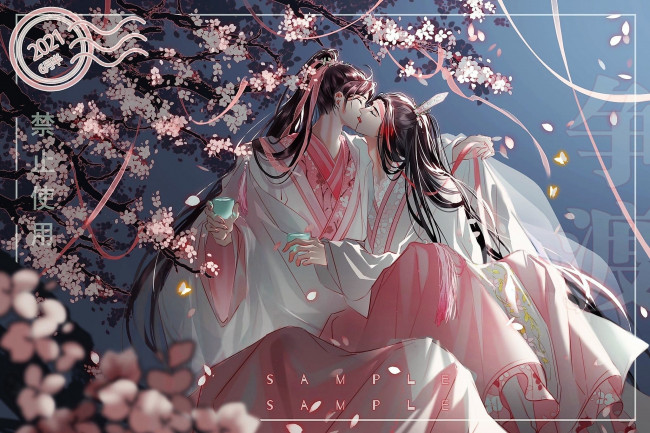Обои картинки фото аниме, mo dao zu shi, вэй, усянь, лань, ванцзи, поцелуй, цветение