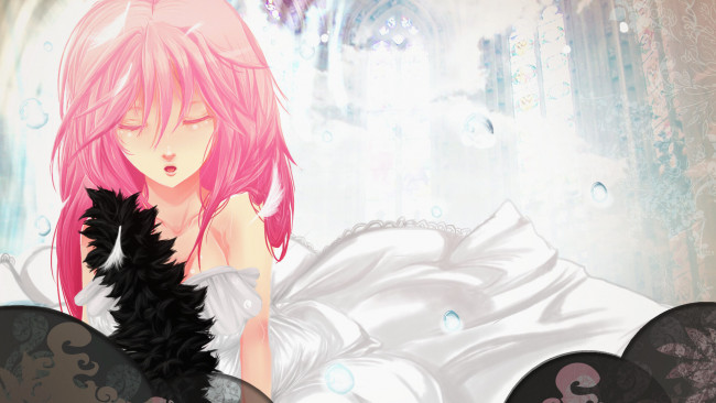 Обои картинки фото аниме, vocaloid, узор, розовые, волосы, девушка, перья, платье