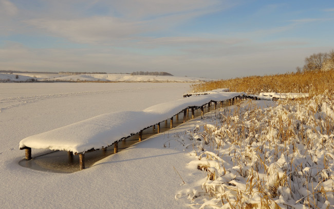 Обои картинки фото природа, зима, мост, озеро, снег
