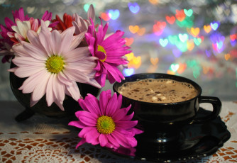 обоя еда, кофе, кофейные, зёрна, цветы, чашка, пенка