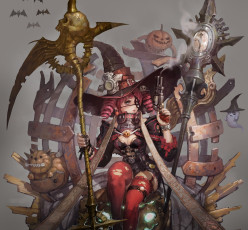 Картинка аниме -halloween+&+magic девушка хеллоуин пистолет летучие мыши посох часы череп кот призрак шляпа сидит тыква трон