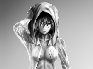 Картинка аниме shingeki+no+kyojin полотенце грудь блузка удивление девушка взгляд mikasa ackerman