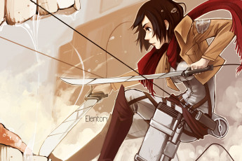 Картинка аниме shingeki+no+kyojin воин микаса mikasa ackerman attack on titan shingeki no kyojin вторжение титанов меч пасть девушка