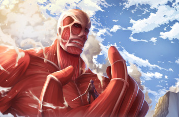 Картинка аниме shingeki+no+kyojin титан разрушения солдат клинки взгляд colossal titan eren jaeger парень