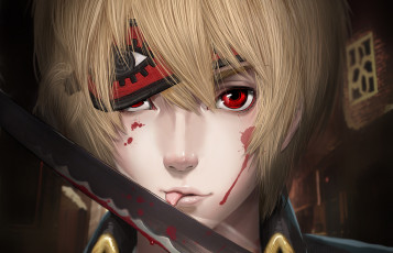 Картинка аниме gintama красные глаза повязка капли кровь okita sougo парень меч