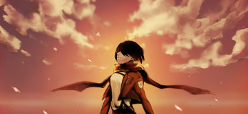 Картинка аниме shingeki+no+kyojin слезы небо закат девушка mikasa ackerman облака вторжение гигантов шарф