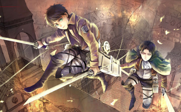 Картинка аниме shingeki+no+kyojin shingeki no kyojin attack on titan крыши оружие парни levi rivaille eren jaeger