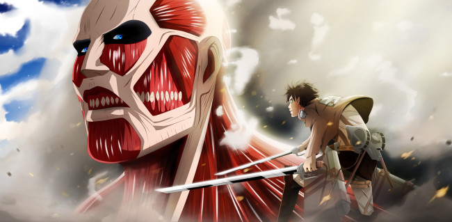 Обои картинки фото аниме, shingeki no kyojin, оружие, дым, eren, jaeger, вторжение, гигантов, мечи, сражение, гигант, парень, colossal, titan
