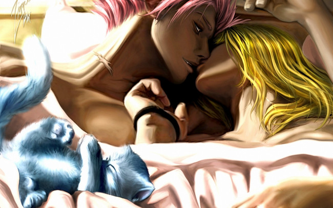 Обои картинки фото аниме, fairy tail, постель, котёнок, парень, поцелуй, девушка