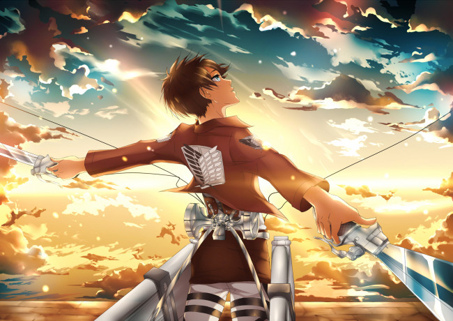 Обои картинки фото аниме, shingeki no kyojin, облака, небо, закат, оружие, мечи, парень, eren, jaeger, вторжение, гигантов
