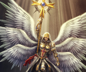 Картинка фэнтези ангелы крест посох крылья глаза девушка crusader арт капюшон