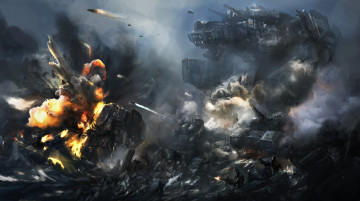 Картинка фэнтези роботы +киборги +механизмы арт битва робот гигантский солдаты взрывы скалы
