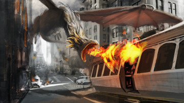 Картинка фэнтези драконы эйфелева башня paris париж улицы трамвай огонь нападение дракон город арт