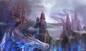 Картинка фэнтези драконы скалы горы арт азия дракон храм
