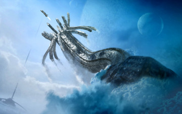 Картинка фэнтези роботы +киборги +механизмы гора спутник корабль гигантский червь планета арт