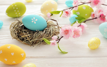 Картинка праздничные пасха гнездо easter цветы яйца eggs spring flowers
