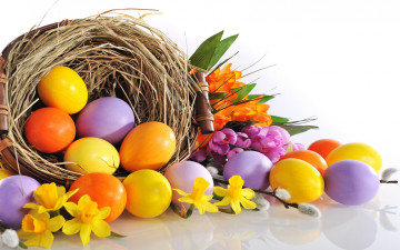 Картинка праздничные пасха нарциссы цветы яйца easter eggs flowers