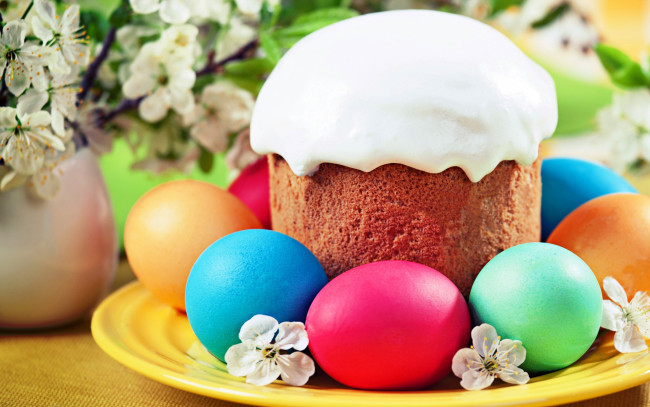 Обои картинки фото праздничные, пасха, easter, eggs, кулич, яйца, глазурь, цветы, весна