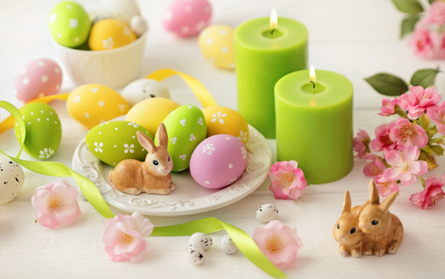 Обои картинки фото праздничные, пасха, flowers, eggs, easter, свечи, кролики, ленты, цветы, яйца