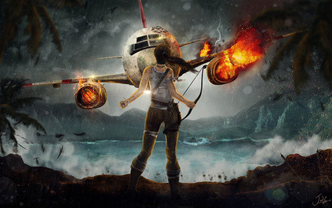 Обои картинки фото видео игры, tomb raider 2013, падение, самолет, крофт, лара, tomb, rider, арт