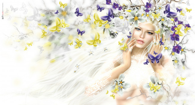 Обои картинки фото 3д графика, люди , people, цветы, венок, весна, бабочки, волосы, блондинка, девушка