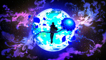 Картинка аниме магия +колдовство +halloween фэнтези арт парень планета цветок космос