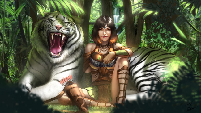 Обои картинки фото фэнтези, красавицы и чудовища, kiera, белый, тигр, арт, джунгли, лес, девушка