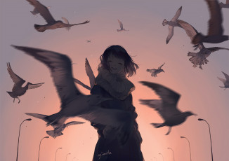 Картинка аниме животные +существа птицы девушка