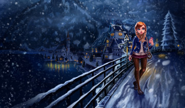 Картинка рисованное люди фон девушка мостик город зима