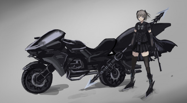 Обои картинки фото аниме, оружие,  техника,  технологии, девушка, мотоцикл