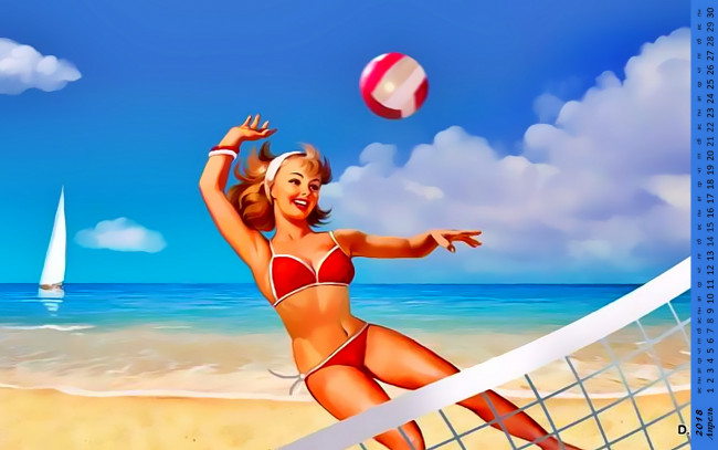 Обои картинки фото календари, рисованные,  векторная графика, мяч, девушка, пляж, игра