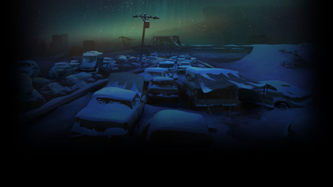 Обои картинки фото видео игры, the long dark, северное, сияние, машины, снег