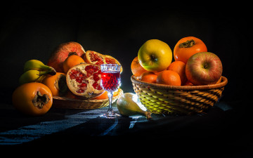 Картинка еда фрукты +ягоды хурма гранат яблоки