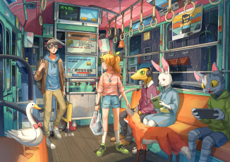 Картинка аниме животные +существа парень девушка автобус