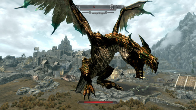 Обои картинки фото видео игры, the elder scrolls v,  skyrim, дракон, поселение