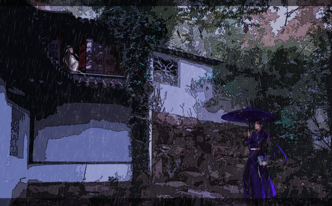 Обои картинки фото аниме, mo dao zu shi, лань, сичень, цэян, чэн, дождь, дом, зонт