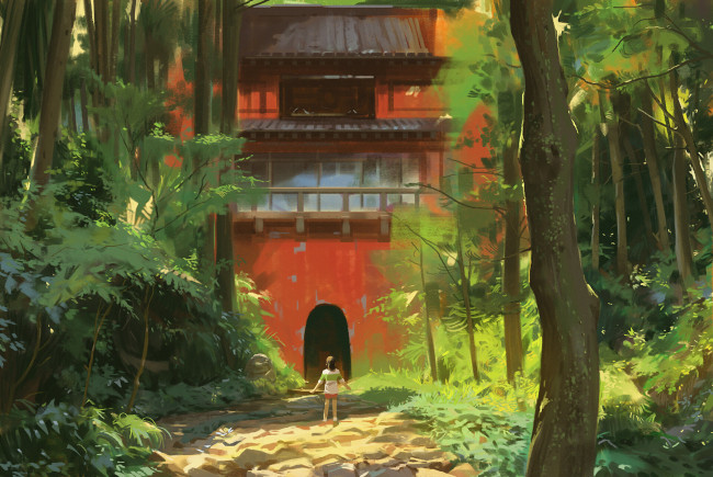 Обои картинки фото аниме, spirited away, девочка, лес, дом