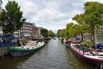 Картинка города амстердам+ нидерланды канал лодки