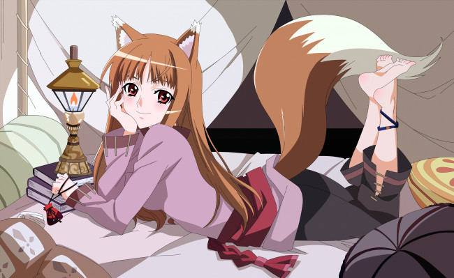 Обои картинки фото аниме, spice and wolf, девушка, книги, постель, хвост