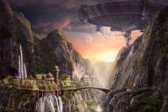 Картинка фэнтези иные миры времена город водопад мост горы пейзаж летательный аппарат