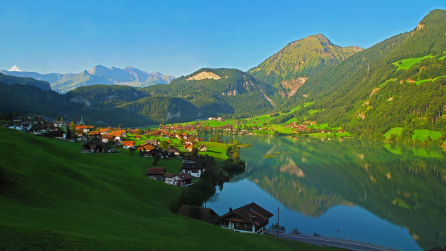Обои картинки фото швейцария, лунгерн, города, пейзажи, пейзаж, городок, река