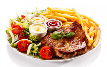обоя еда, мясные блюда, мясо, картофель, steak, sauce, meat, tomato, кетчуп, соус, помидоры, стейк