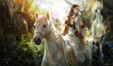обоя фэнтези, эльфы, девушка, лошадь