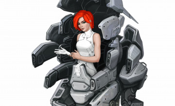 Картинка фэнтези девушки красные волосы девушка арт фон робот sci-fi фантастика перчатки взгляд