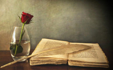 Картинка разное канцелярия +книги перо стол роза ваза книга
